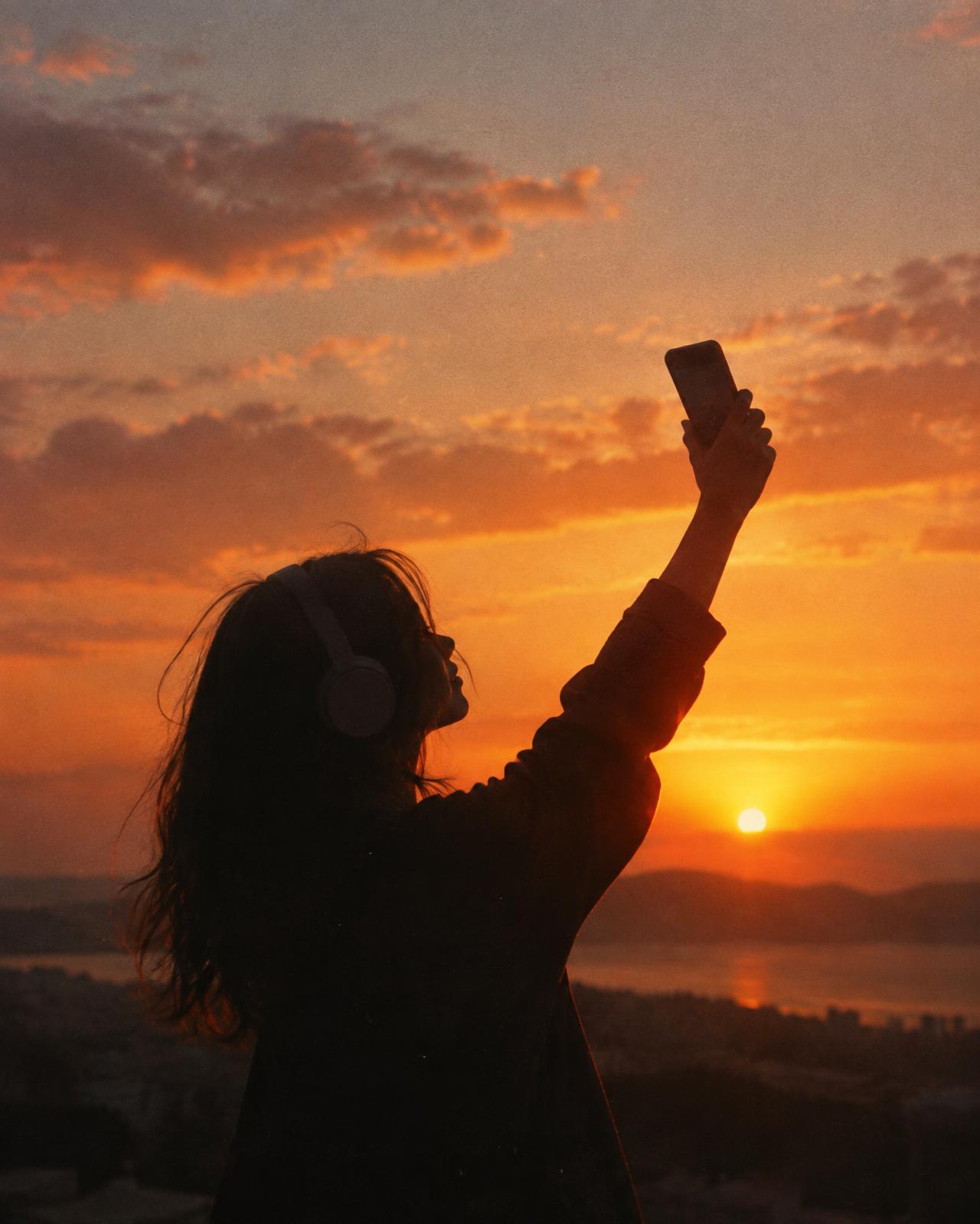 Personne au casque filmant un coucher de soleil avec son téléphone